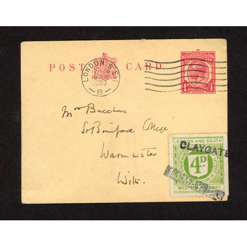 1633 - LONDON & SOUTH WESTERN RAILWAY - RARE USE OF POSTCARD:19 May 1923 KGV 1d PC franked with L. S. W R. ... 