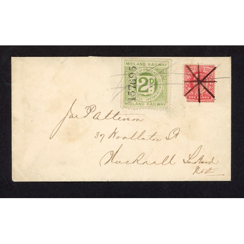 1640 - MIDLAND RAILWAY:17 May 1905 env to Hucknal Torkard bearing a Midland Rly 2d letter stamp no. 157695 ... 