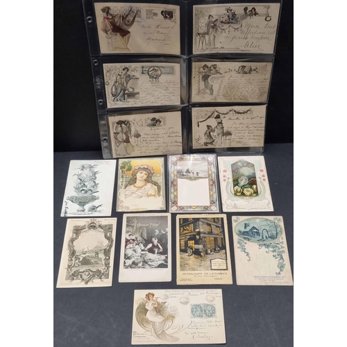 363 - ART NOUVEAU & ADVERTISING CARDS WITH UNDIVIDED BACKS: Two small groups of early 20th C. cards. One i... 