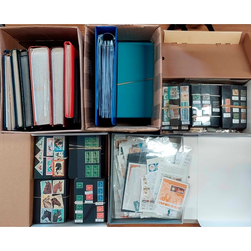 1209 - COMMONWEALTH & FOREIGN COLLECTIONS/ACCUMULATION: 2 cartons and 3 flat boxes housing 7 stock books an... 