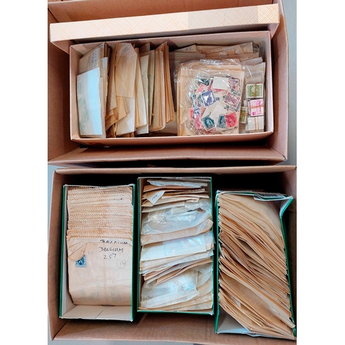 1212 - FOREIGN ACCUMULATION: Two cartons housing shoeboxes containing packets of sorted stamps with much du... 