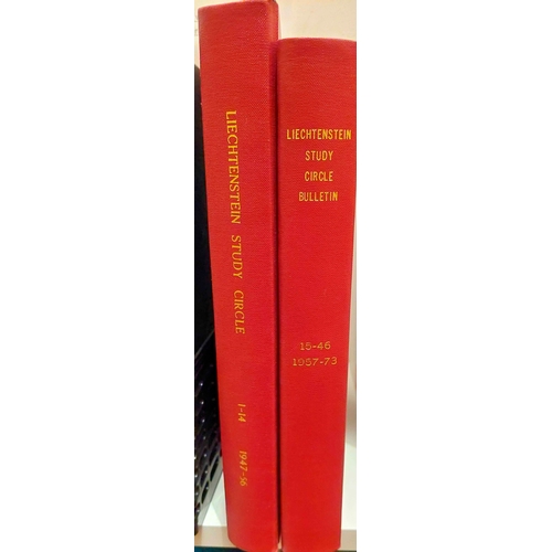1034 - LIECHTENSTEIN STUDY CIRCLE BULLETIN: vols. 1-46 (1947-73), hardbound in two attractive red cloth bin... 