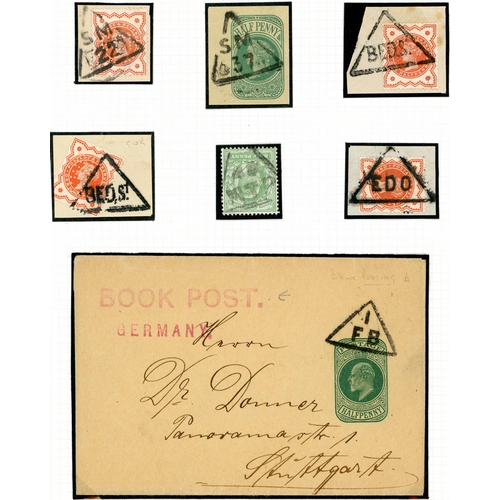 1101 - 1890-1970s TRIANGLE INSPECTOR'S MARKS/CANCELS - range on pages, undated KEVII ½d green wrapper used ... 