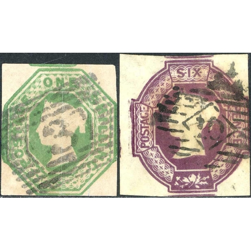 1263 - 1847 1/- GREEN & 1854 6d PURPLE - 1/- with one clear margin and just touched on the other three side... 