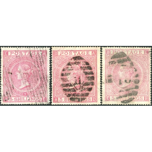 1270 - 1867 5/- ROSE PLATE 1 TRIO - lettered HE with very rare boxed 466 Liverpool roller cancel (fair stri... 