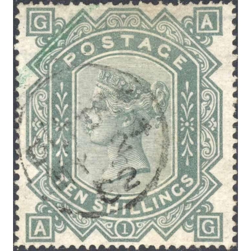 1277 - 1867 MALTESE CROSS WATERMARK: 10/- greenish-grey plate 1 AG with lightly struck cds. .Lightest of be... 