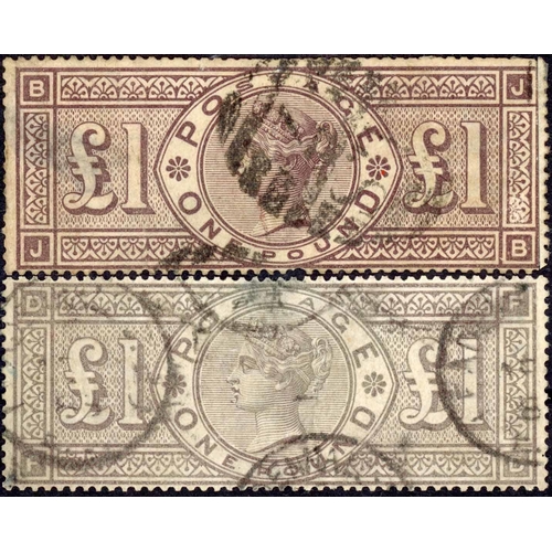 1884 THREE CROWNS WATERMARK £1 BROWN - LILAC JB with large part oval of ...