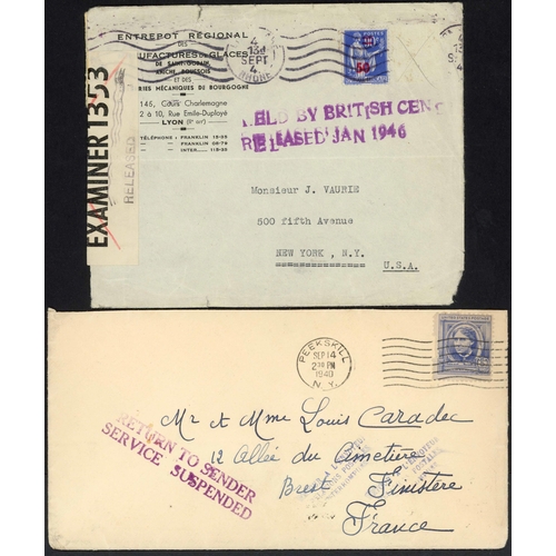 156 - WWI/WWII CENSORED & RETURNED MAIL: Small group of envs./cards all sent to/from/via France. Inc. 1940... 