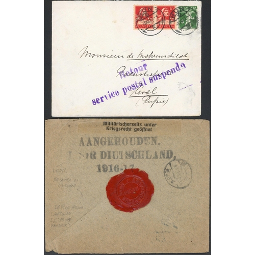 157 - WWI/WWII SERVICE SUSPENDED, STOPPED BY CENSOR & CAPTURED MAILS: Small group of 1915-45 envs./cards, ... 