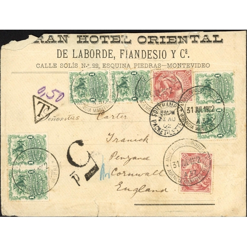 231 - URUGUAY: 1864-1902 selection with 1864 pair EL Montevideo to Genova, Italy with fine URUGUAY / SAINT... 