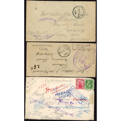 262 - AUSTRALIA & NEW ZEALAND WWI MILITARY MAILS: 1915-17 inc pair 1915 env Hilwan, Egypt to Sydney Austra... 