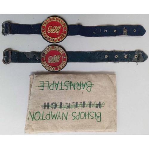 417 - POSTMAN'S GPO ARM BANDS, ETC.: Pair of GPO circular Arm bands c.1860(?) one with 