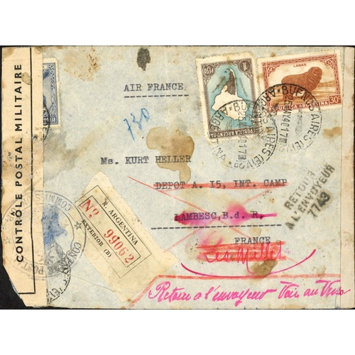 89 - ** SOUTH AMERICA WWII CENSORED/RETURNED MAIL; Range with 1940 censored airmail env. to France franke... 