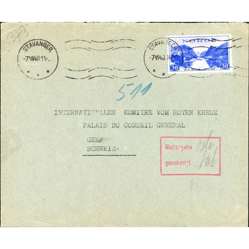 90 - ** SCANDINAVIA WWII CENSORED MAIL GROUP; Range with 1940 env. to Geneva franked Norway 30ore tied by... 