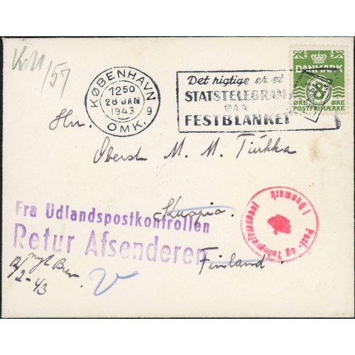 91 - ** DENMARK/NORWAY/SWEDEN WWII CENSORED & RETURNED MAIL: Quartet with 1941 PPC to Sweden franked Denm... 