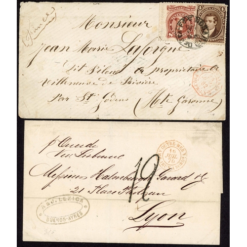 218 - ARGENTINE MAILS TO FRANCE: 1861-1912 group with 1861 part EL Buenos Ayres to Bordeaux with blue CONF... 