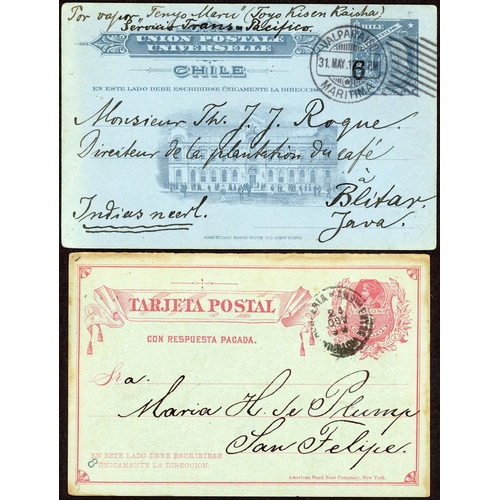 225 - CHILE TO GERMANY, NORWAY, JAVA, ETC: 1894-1912 selection with 1894 3c postal stationery PC Santiago ... 