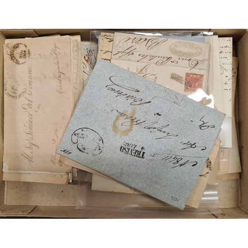 944 - 19th CENTURY POSTAL HISTORY: Small carton of pre-stamp/stampless Es and wrappers to European destina... 