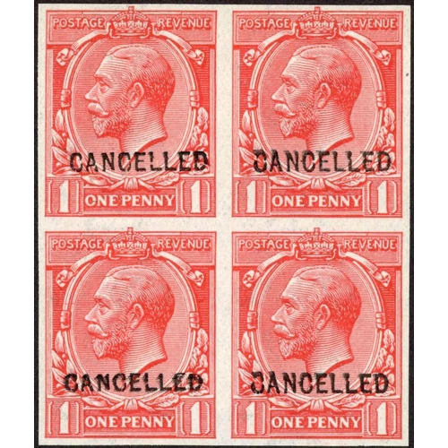 1579 - 1912 (Oct.) SIMPLE CYPHER WATERMARK:1d scarlet, an imperforate unmounted mint block of four overprin... 