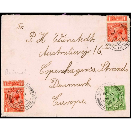 1580 - 1912 1d COIL STAMPS: 11 March 1929 env. from Avonmouth to Denmark bearing ½d green and two vertical ... 