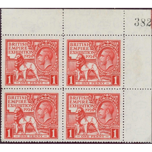 1588 - 1924 & 1925 WEMBLEY EXHIBITION: 1924 1d blocks of four (2, one from the upper right corner of the sh... 