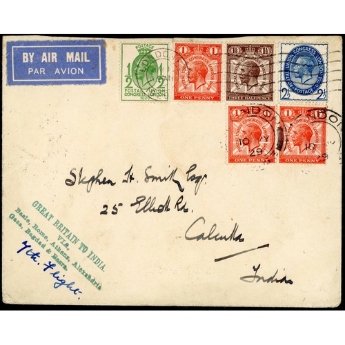 1591 - 1929 P.U.C. FIRST DAY FLOWN COVER TO INDIA: 10 May 1929 env bearing PUC ½d to 2½d plus 1d pair carri... 