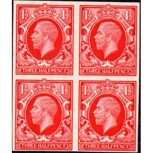 1599 - 1934 PHOTOGRAVURE COLOUR TRIAL: 1½d red, an imperforate block of four of the colour trial on block c... 