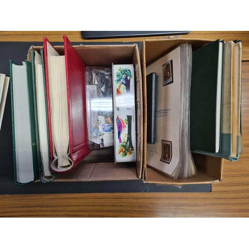 18 - VARIETY OF COLLECTIONS: Two cartons holding albums, stock books, small boxes/tin, etc. with collecti... 