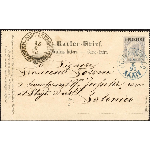 188 - AUSTRIAN LEVANT: 1893-1913 group with 1893 Letter Card Constantinople to Salonica with fine blue 