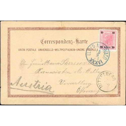 188 - AUSTRIAN LEVANT: 1893-1913 group with 1893 Letter Card Constantinople to Salonica with fine blue 