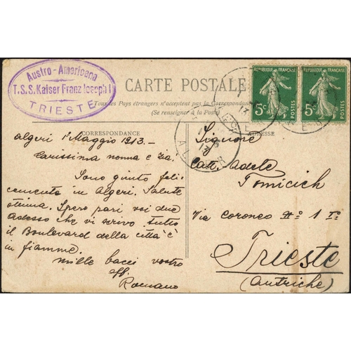 201 - LLOYD AUSTRO-AMERICANA LINE: 1900-29 group with 1900 Brazil 40r. PS PC addressed to Perim (Aden) can... 