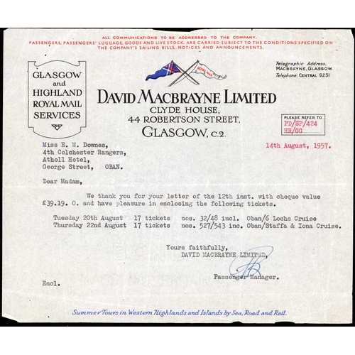 2025 - DAVID MACBRAYNE DOCUMENTS: 1880-1957 group of receipts & letters (mainly to but some from the compan... 