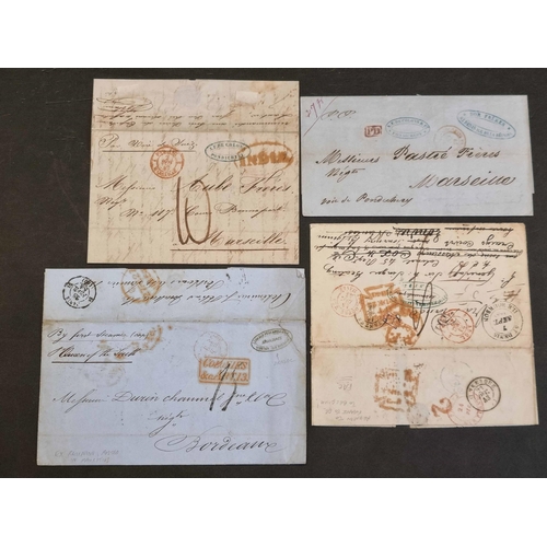 309 - REUNION - RARE PONDICHERRY FACs, POSTED IN MAURITIUS, ACCOUNTANCY MARKS, ETC.: 1854 E from St. Denis... 