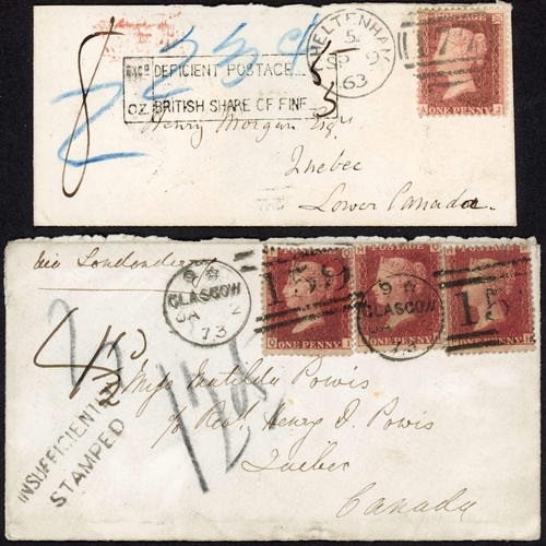 333 - G.B. 1d/3d FRANKINGS TO QUEBEC - UNDERPAID MARKS + QUEBEC RARE H.S. 