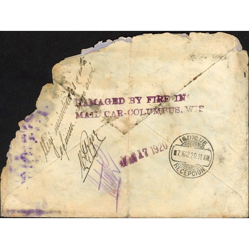 367 - RAILWAY DISASTER MAIL - JAPAN TO CHILE COVER DAMAGED IN 1920 MAIL CAR FIRE AT COLUMBUS, WISCONSIN: B... 