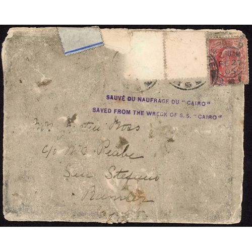 390 - SHIP WRECK MAIL - SALVED MAILS FROM THE STRANDED SS CAIRO: Trio of 1905 salved envs. inc.GB to Egypt... 