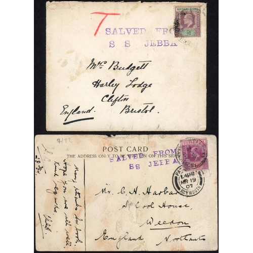 394 - SHIP WRECK MAIL - WRECK OF THE SS JEBBA - THREE DIFFERENT HANDSTAMPS: 1907 trio of mails salved from... 