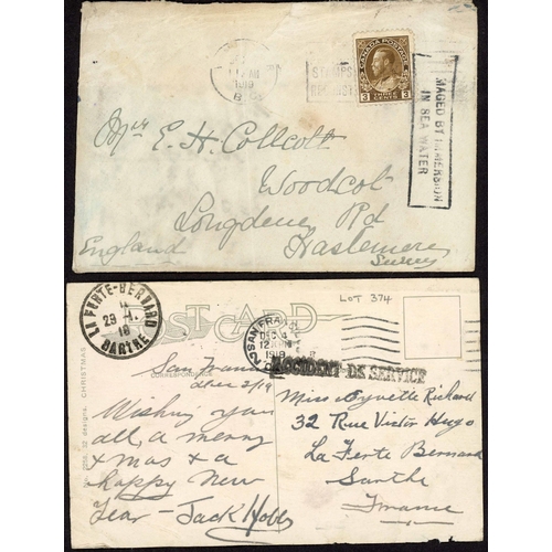 407 - SHIP WRECK MAIL - SS IMPERATOR & SS KENILWORTH CASTLE INCIDENTS: 1919 env. Canada to Surrey with box... 