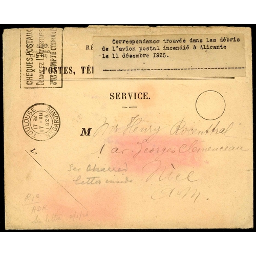 422 - AIR CRASH MAIL - FRANCE TO MOROCCO: 1925 charred env. with 