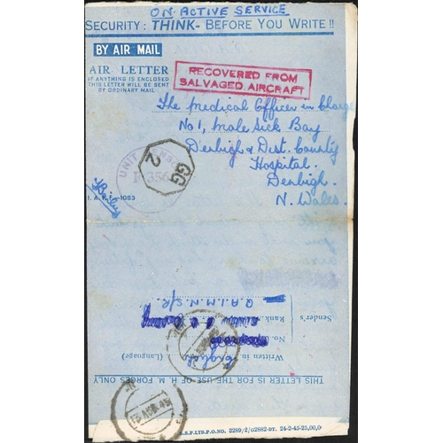 452 - AIR CRASH MAIL - 1945 INDIA MILITARY CRASH: Trio of covers to UK carried on unknown plane which cras... 