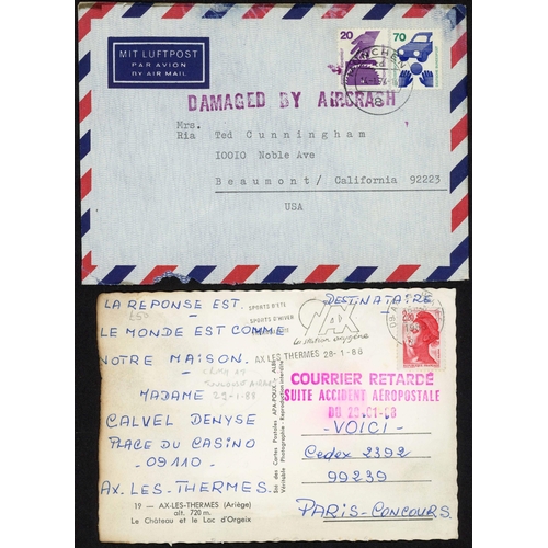 467 - AIR CRASH MAIL - 1968-88 WORLD MIX: A collection on leaves inc. 1969 charred env. ex France carried ... 