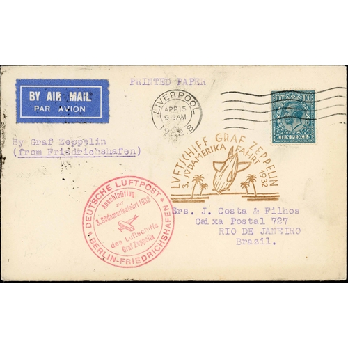 504 - 1932 THIRD S. AMERICAN GRAF ZEPPELIN FLIGHT COVER: 15 April 1932 env. from Liverpool to Brazil beari... 