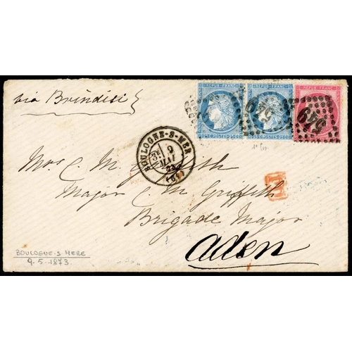 556 - INCOMING MAIL FROM FRANCE TO MILITARY WIFE: May 1873 env. from Boulogne sur Mer addressed to Mrs. CM... 