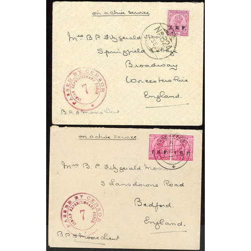 572 - MILITARY - WWI CENSORED MAIL: 1915 Pair env. marked OAS and franked with India I.E.F. stamps to Bedf... 