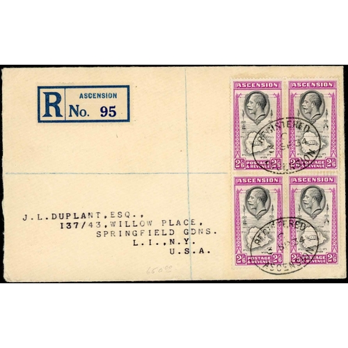 601 - 1934 2/6d BLOCK ON COVER: 3 Sep. 1934 Regd. cover to New York bearing 2/6d black & bright purple (SG... 