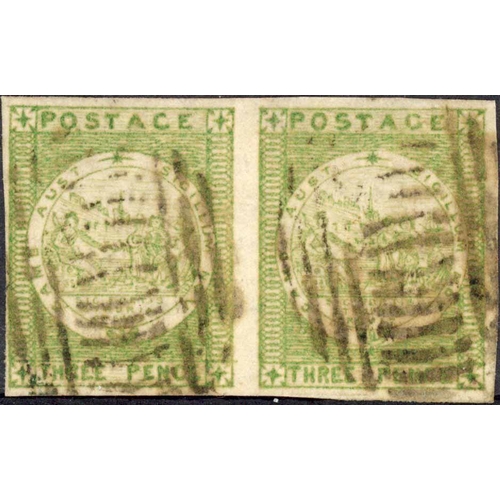 630 - 1850 -51 3d DEEP YELLOW GREEN BLUISH PAPER: A horizontal used pair [1 - 2] neatly cancelled with ova... 