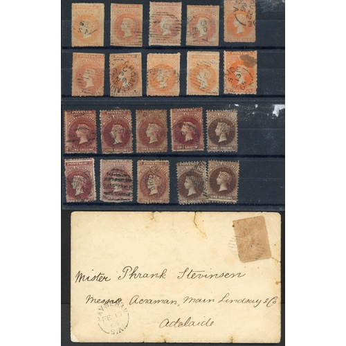 635 - PERKINS BACON USED GROUP; Range with 1856/57 2d red (3) & 1/- Orange (both cut into), 1859 2d roulet... 