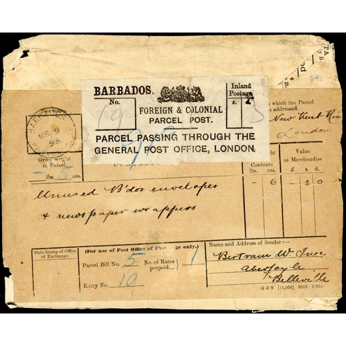 666 - FOREIGN & COLONIAL P.P.: 1893 package (worn) ex Barbados with London transit label, franked ½d green... 