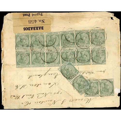 666 - FOREIGN & COLONIAL P.P.: 1893 package (worn) ex Barbados with London transit label, franked ½d green... 