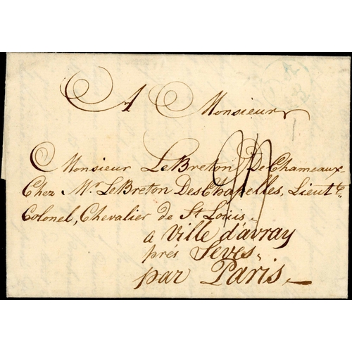 803 - RE-ROUTED MAIL VIA BELGIUM: 1780-82 letters to Cognac (2) or military addressee in Paris routed via ... 